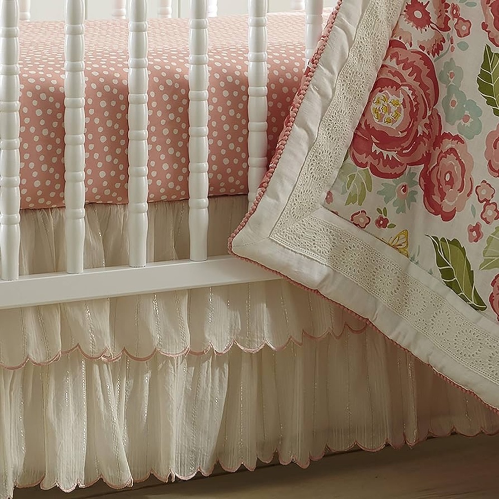 Levtex Baby Girl Crib Ruffle Dainty Bed Skirt Pink White Glitter Gold GORGEOUS